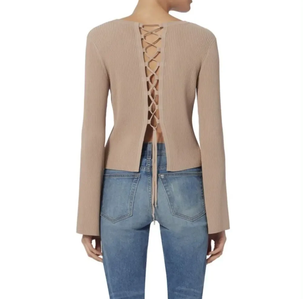 INTERMIX Mia Lace-Up Back Rib Knit Top Sweater Nude Size Small